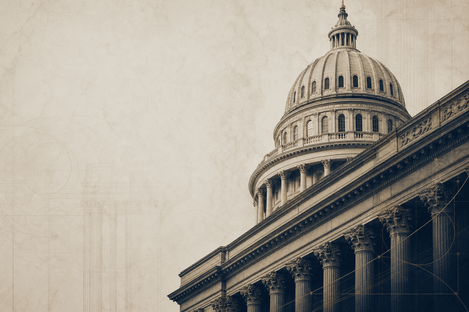 Neoclassical capitol dome and colonnade with structural line detail